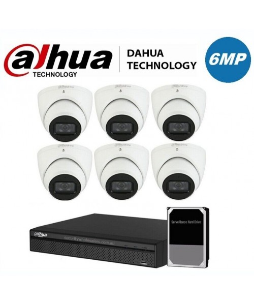 DAHUA 6MP 8 Channel NVR with 2TB HDD Security 6 x Camera KIT Turret IP DH-IPC-HDW3666EMP-AS